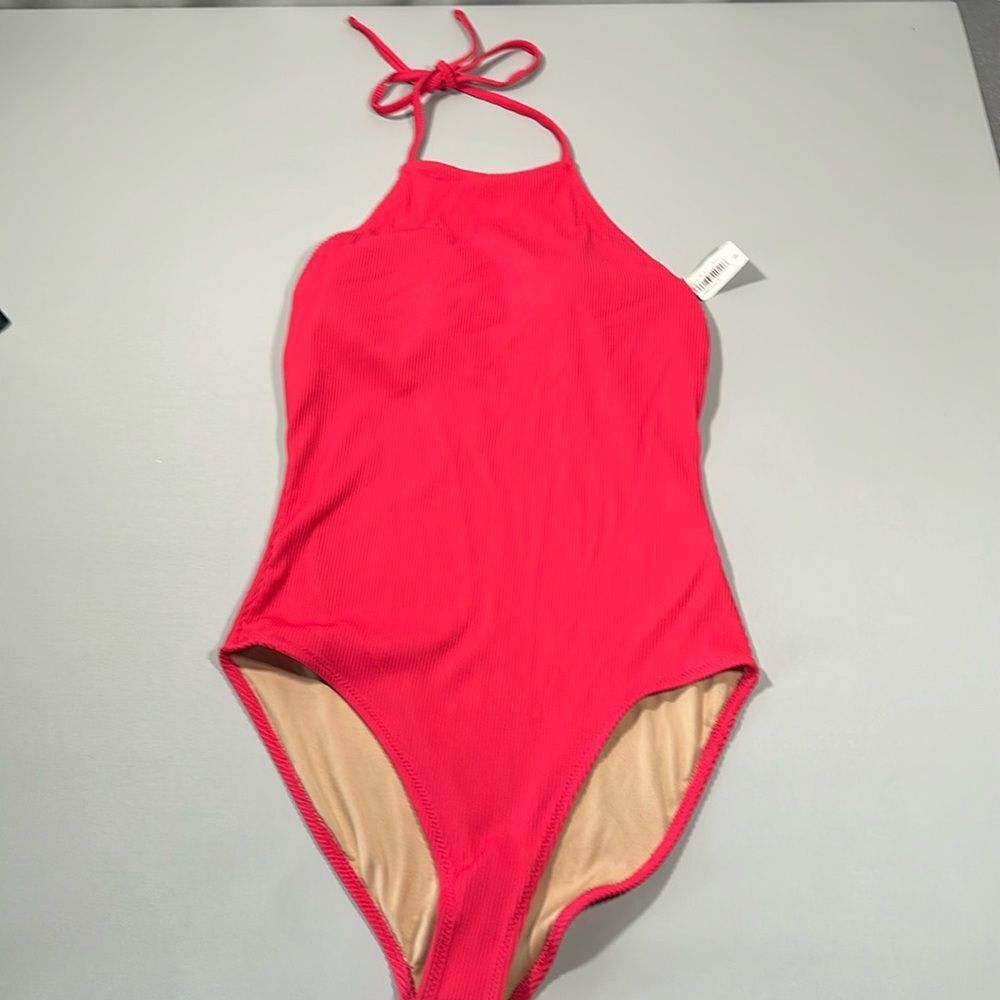 Old Navy Swimsuit Womens Medium Halter Tie Pink Ribbed One Piece High Neck